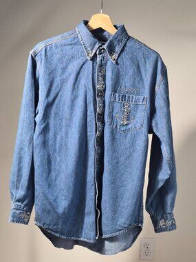 Simply Hot Denim Shirt S Women’s Rhinestone Anchor Western Vintage 90s Y2K